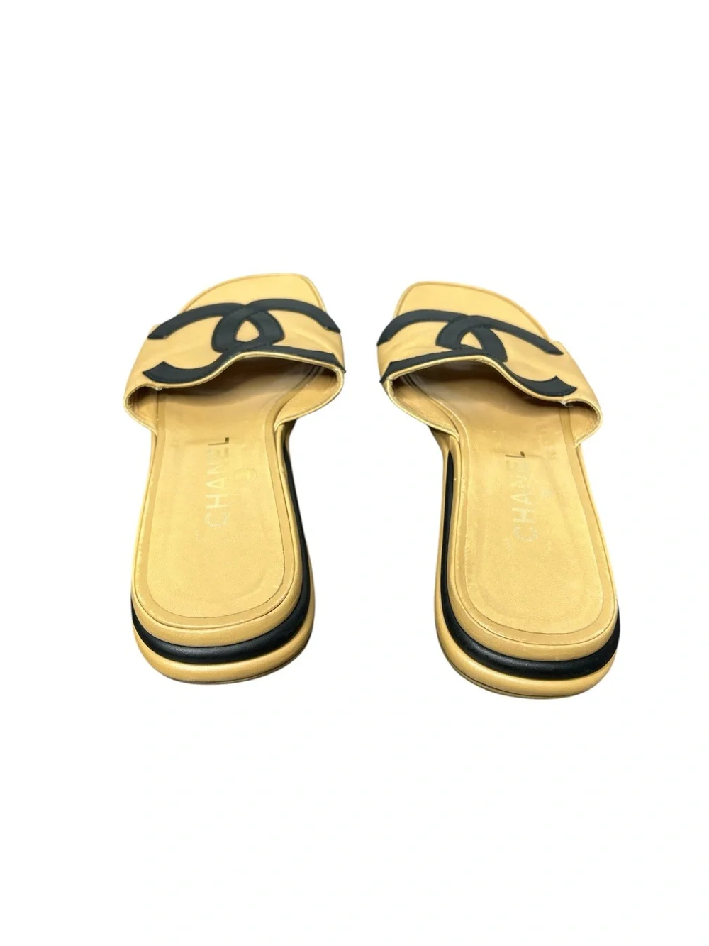 Chanel CC Logo Slide Sandals 37.5 Beige Black Leather Flat Mules Luxury Designer